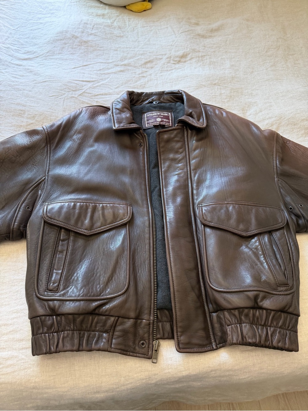 Vintage Andrew Marc Leather Bomber Flight Jacket - Brown LARGE